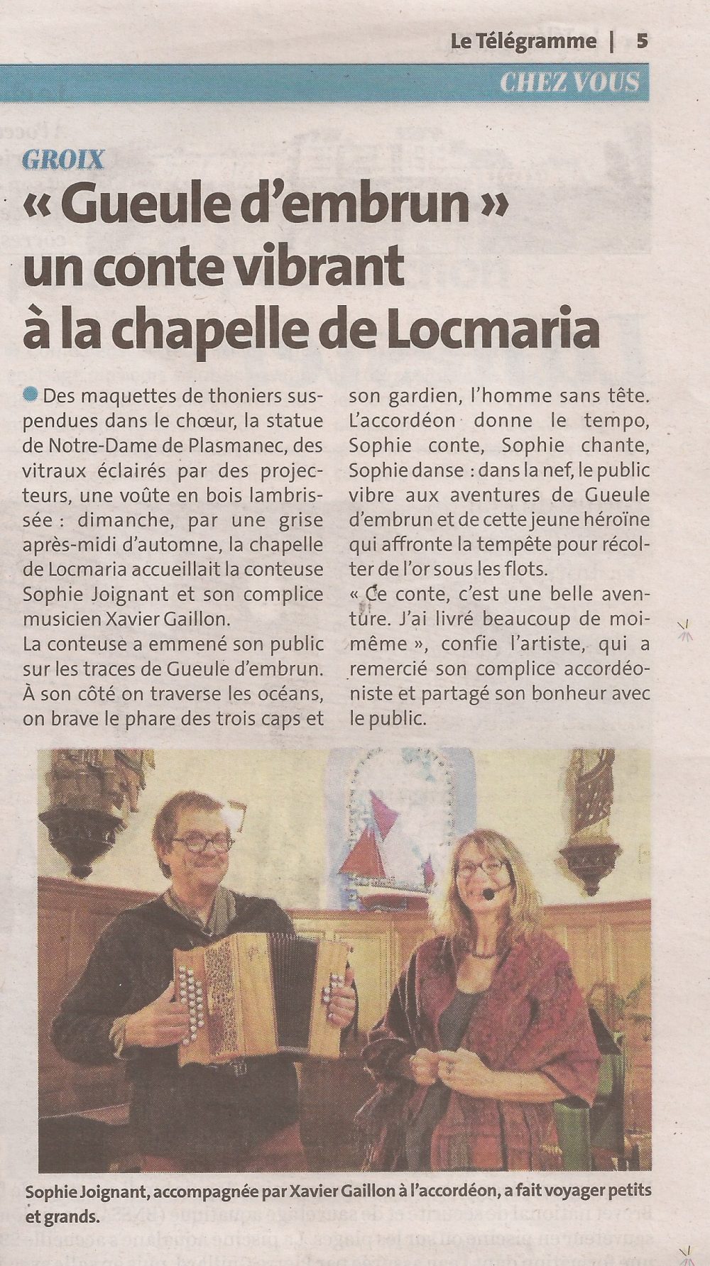 Sophie Joignant Gueule d'embrunarticle Telégramme article Locmaria